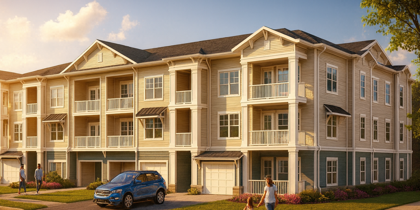 Outside 3 story building with car parked in front of garage