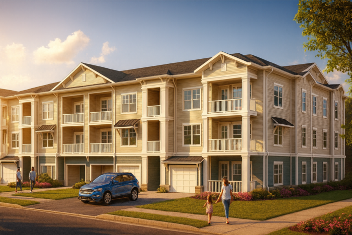 Outside 3 story building with car parked in front of garage