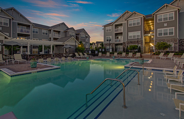pool lit up at evening